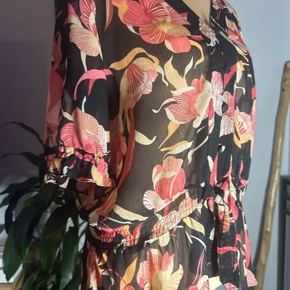 Worthington sz12 women’s sheer floral blouse ruffle sleeves fit flare waistline - Picture 2 of 9